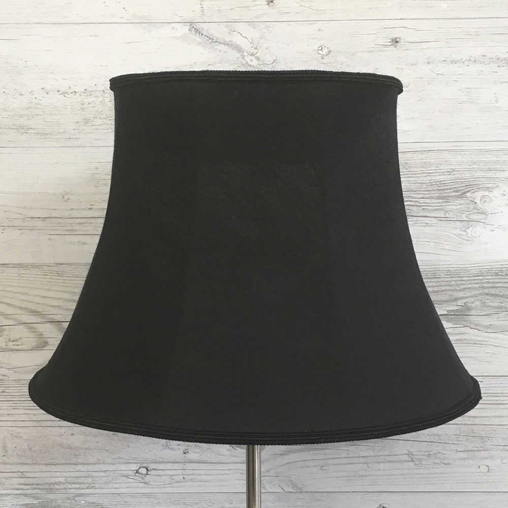 Retro Black Dupion Bowed Drum Lampshade with a Black Soutache trim. Suitable for all Table, Floor and Standard Lamps. Switched off