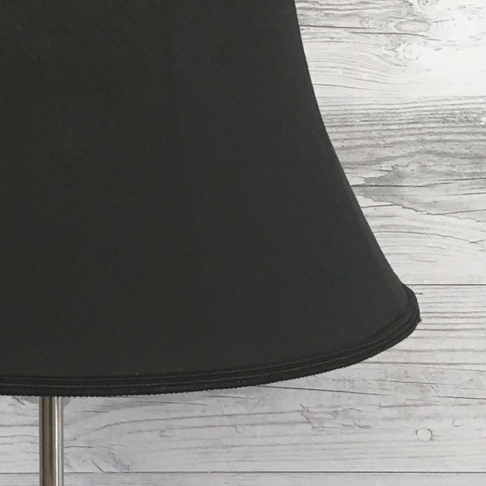Close up of Black Dupion Bowed Drum Lampshade to show the fabric and Black Soutache Trim