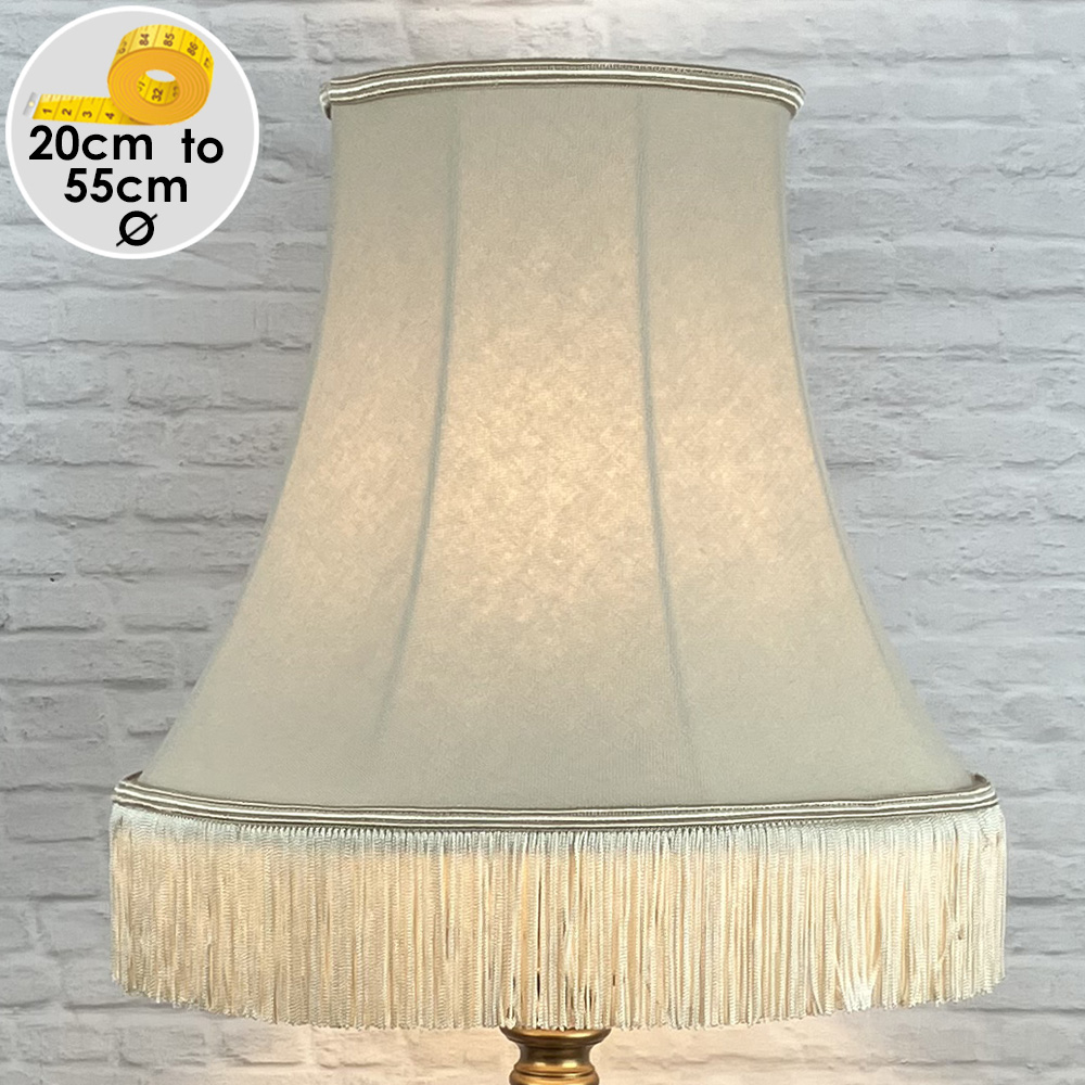 Fawn bowed empire lampshade with dark cream fringe and two tone trim