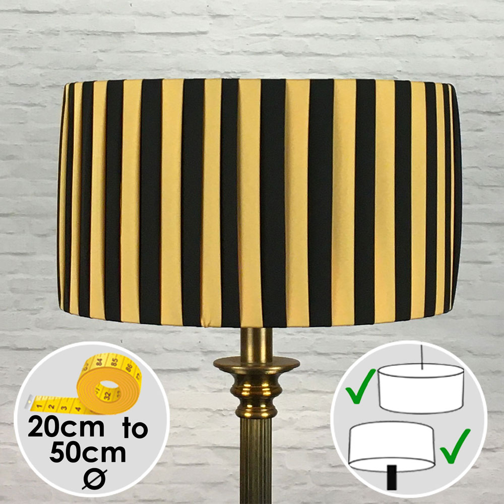 Pleated Drum Lampshade in Gold and Black Stripe Ribbon. Turned Off