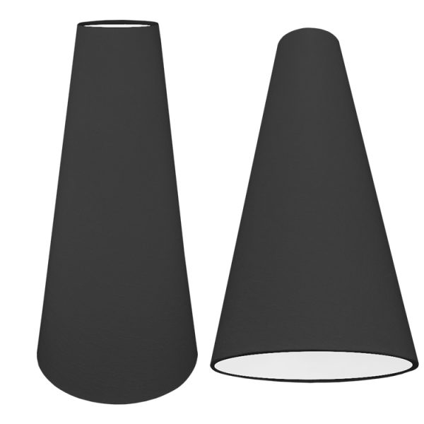 A black tall cone lampshade with a black brushed cotton outer and plain white PVC inner