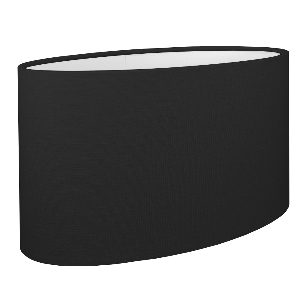 A black oval lampshade shown with the standard white PVC lining