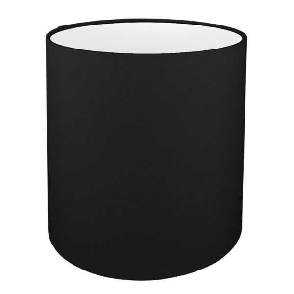 A tall drum lampshade in black brushed cotton with a white PVC inner lining