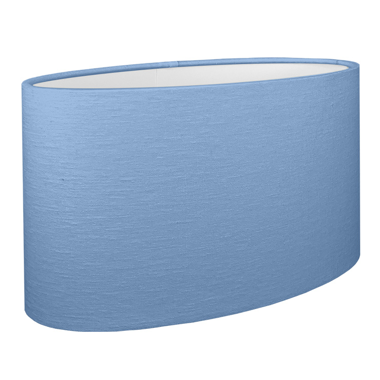 A oval lampshade shown in blue with the standard white PVC lining