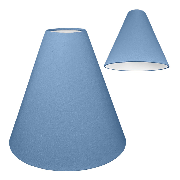 A blue cone light shade with a white PVC lining on the inside