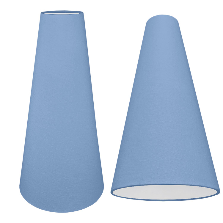 A tall cone lampshade with a blue brushed cotton outer and plain white PVC inner