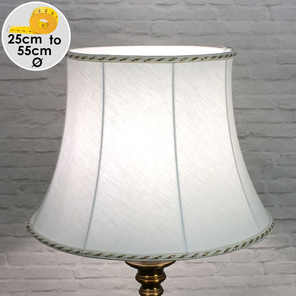 Retro White Brushed Cotton Linen Bowed Drum Lampshade with a White and Gold Rope trim. Suitable for all Table, Floor and Standard Lamps. Switched On