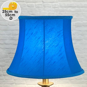 Vibrant Retro Bright Blue Faux silk Lampshade with Matching Plaited Rope, shown as a Table Lamp Lit Up