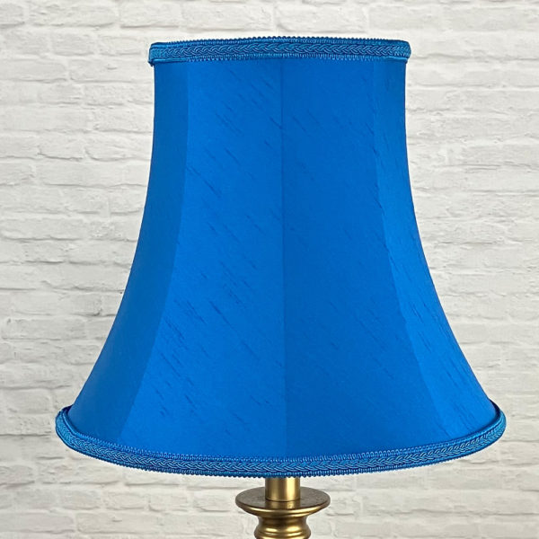 Vibrant Retro Bright Blue Cruise Faux Silk Bowed Empire with a matching Plait Trim for a Standard Lamp, switched off