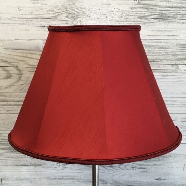 Close up image of our Retro straight sided Empire lampshade in a Burgundy Faux Silk with a matching Burgundy Rope Braid. Switched off