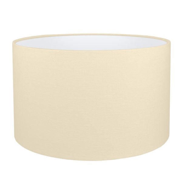 A cream brushed cotton drum lampshade with white PVC lining