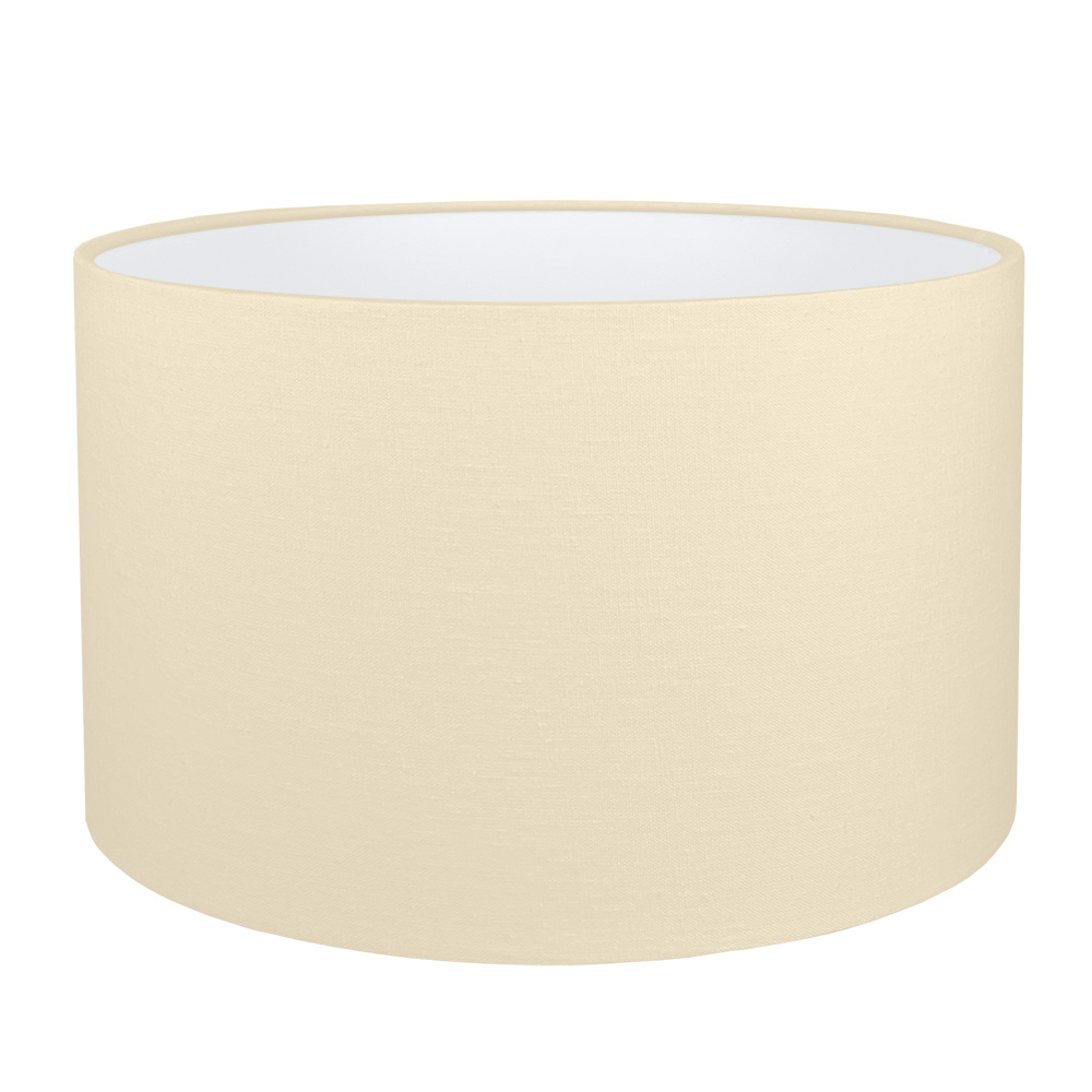 A cream brushed cotton drum lampshade with white PVC lining