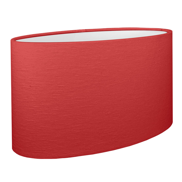 A red oval lampshade shown with the standard white PVC lining