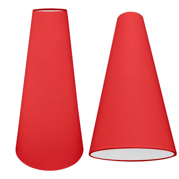 A tall cone lampshade with a red brushed cotton outer and plain white PVC inner