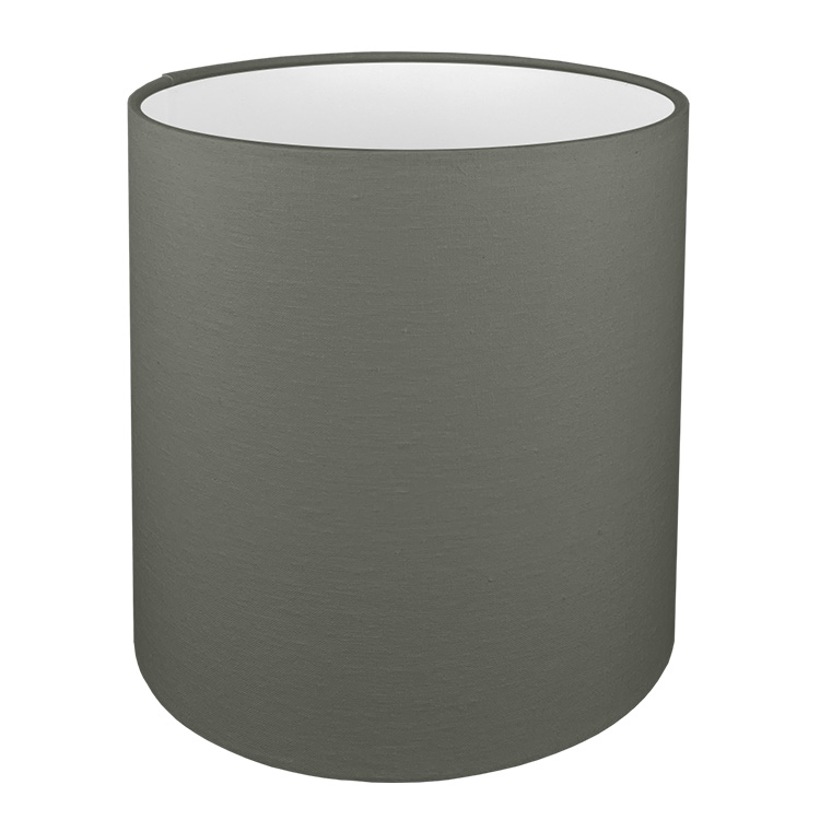 A tall drum lampshade in charcoal brushed cotton with a white PVC inner lining