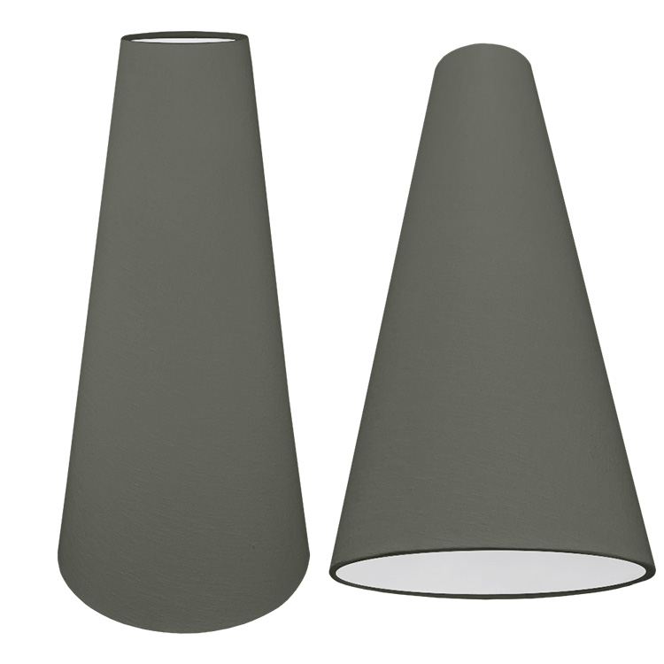 A tall cone lampshade with a charcoal brushed cotton outer and plain white PVC inner