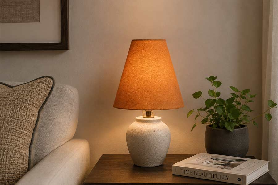 Cone Lampshade for a Table Lamp Cone lampshade on a ceramic table lamp in a modern living room