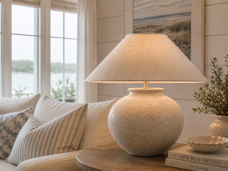 Coolie-Table-Lamp Cream Coolie lampshade on a rounded ceramic table lamp beside a sofa