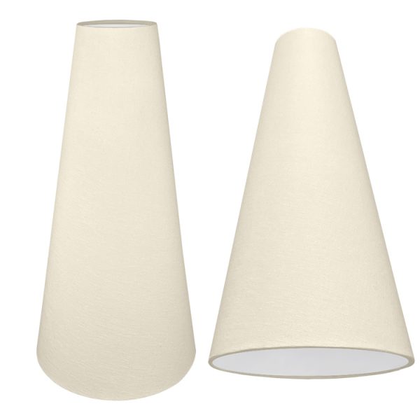 A tall cone lampshade with a cream brushed cotton outer and plain white PVC inner