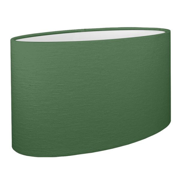 A dark green oval lampshade shown with the standard white PVC lining