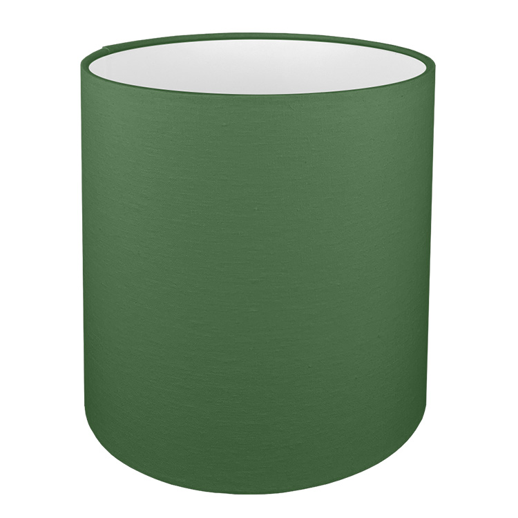 A tall drum lampshade in dark green brushed cotton with a white PVC inner lining