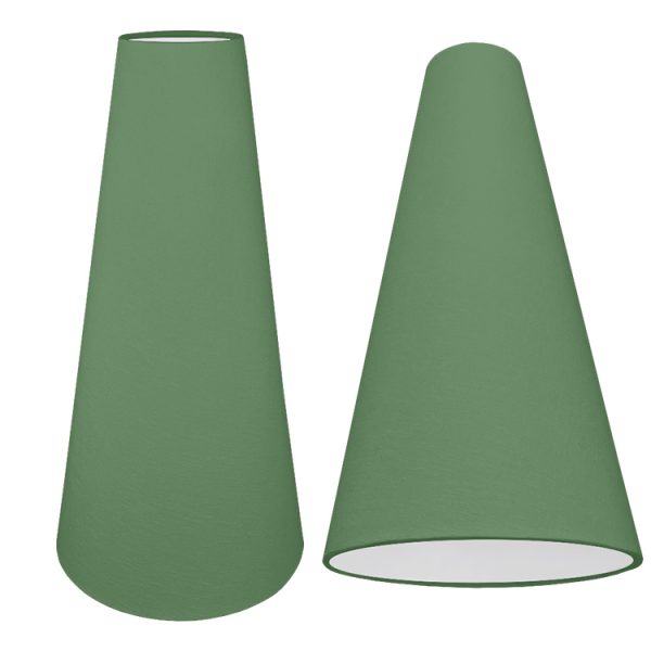 A dark green tall cone lampshade with a dark green brushed cotton outer and plain white PVC inner