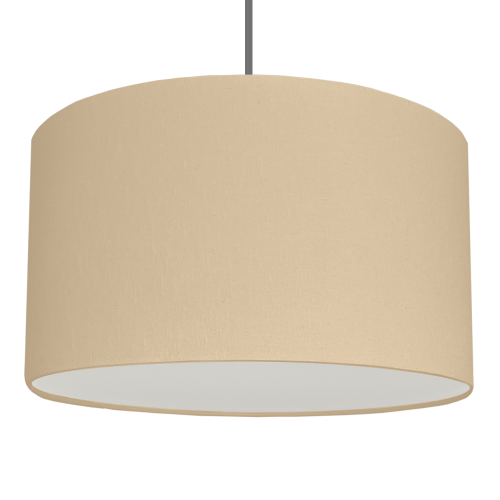 A drum hanging ceiling lampshade made in Taupe brushed cotton with white removable diffuser