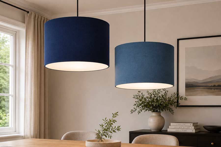 Drum-Pendant-Lampshades-in-Blue-Brushed-Cotton-