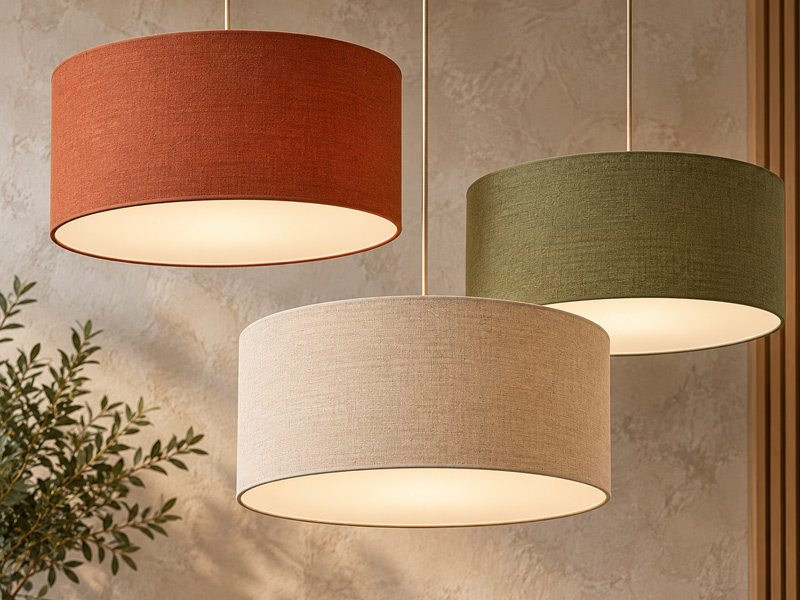Drum-Pendant-Lampshades Drum pendant lampshades in different colours with removable diffusers