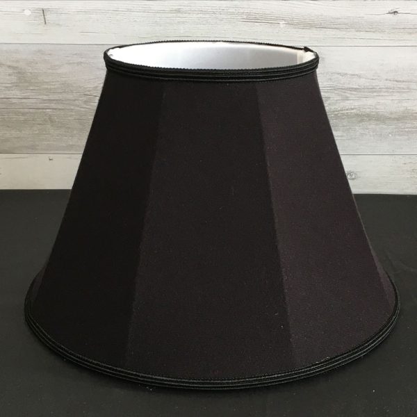 Close up image of our Retro straight sided Empire lampshade in a Black brushed cotton with a matching Black Soutache trim. Showing the soft white balloon lining.