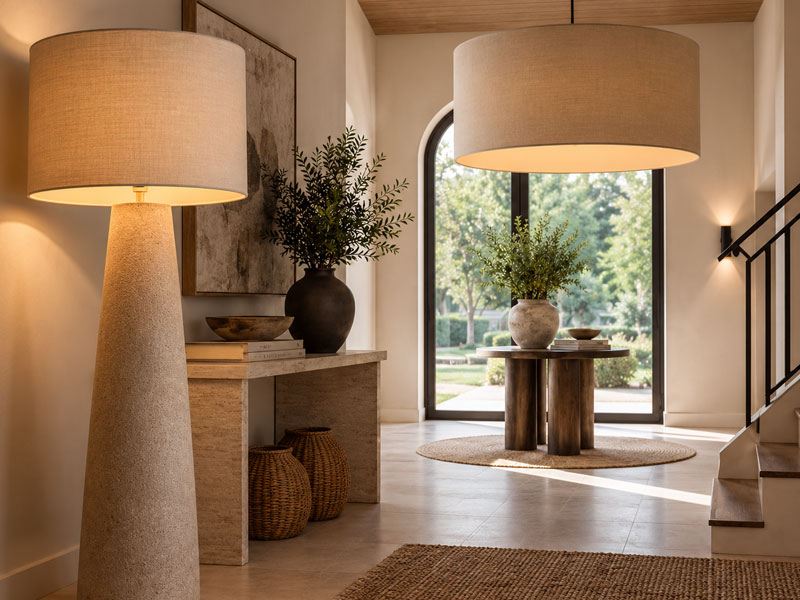 Extra large drum lamp shades on a floor lamp and ceiling pendant in a modern interior