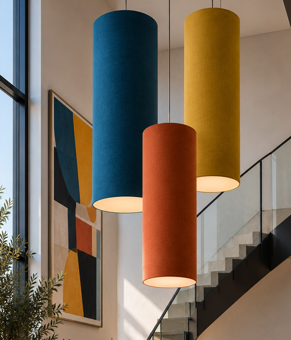 A cluster of three extra tall drum lampshades in a modern stairwell