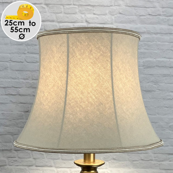 Traditional Fawn Brushed Cotton Bowed Drum Lampshade with a two tone Soutache Braid, top and bottom for Floor Lamp lit up.