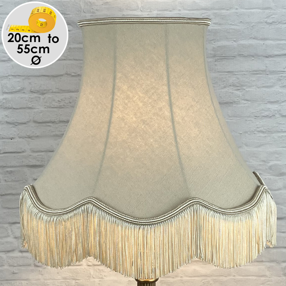 Fawn coloured scalloped lampshade with dark cream fringe