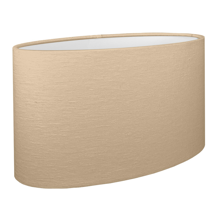 A taupe oval lampshade shown with the standard white PVC lining