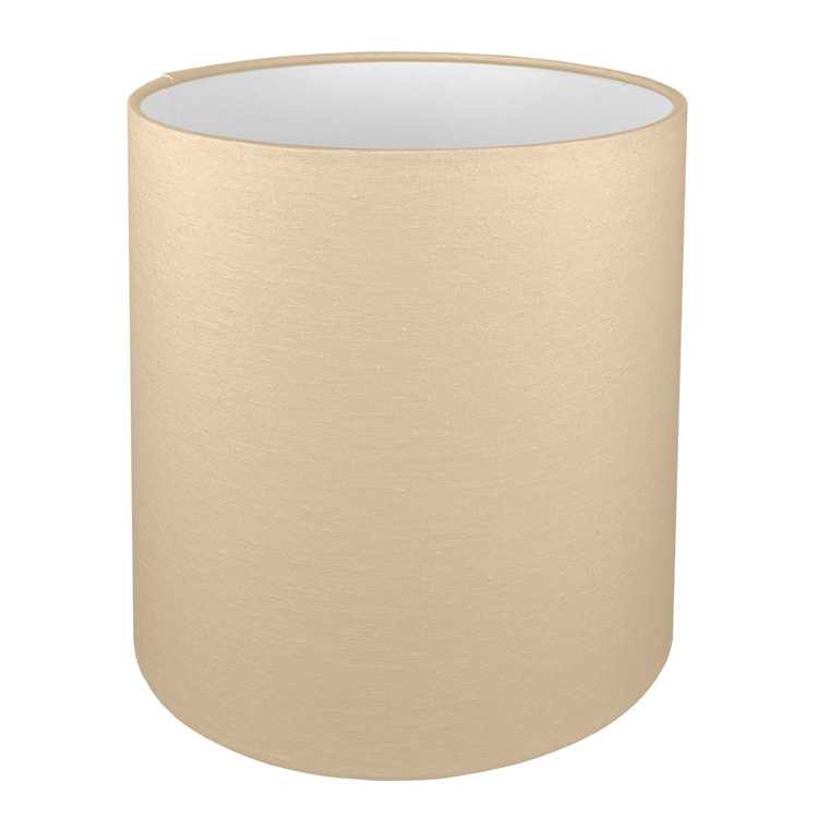 A tall drum lampshade in taupe brushed cotton with a white PVC inner lining