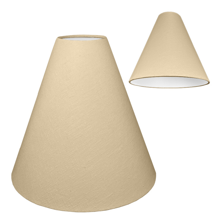 A taupe cone light shade with a white PVC lining on the inside