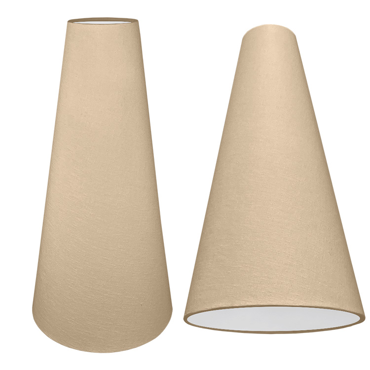 A tall cone lampshade with a taupe brushed cotton outer and plain white PVC inner