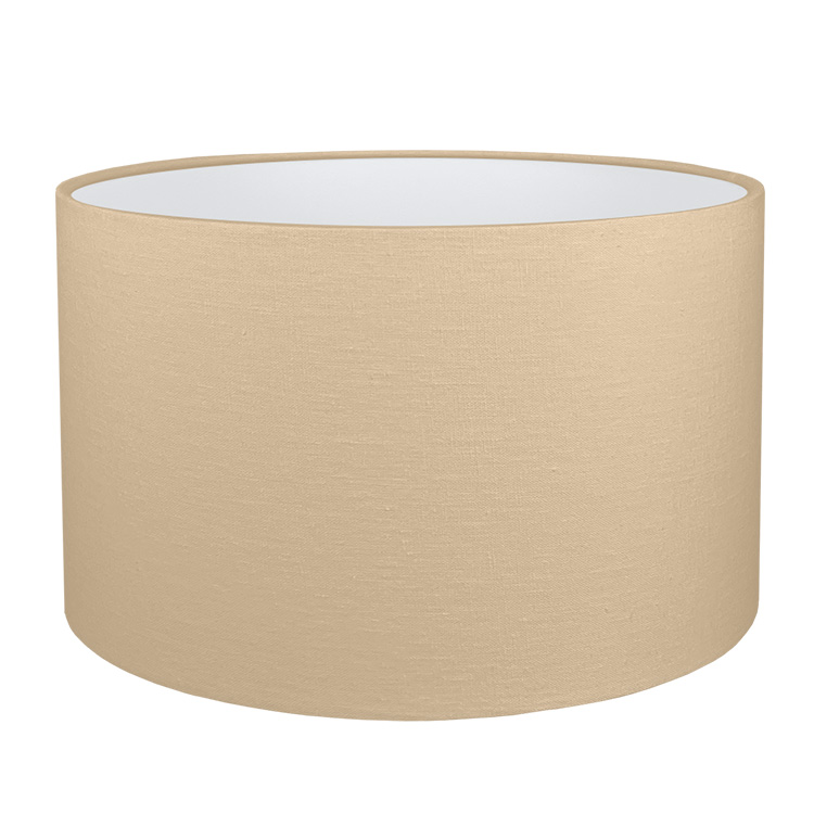 A taupe drum lampshade in brushed cotton with white PVC lining