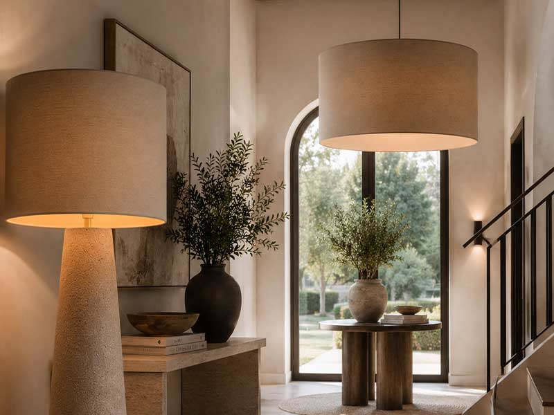 Function-Hero Neutral drum lampshades on floor lamp and ceiling pendant