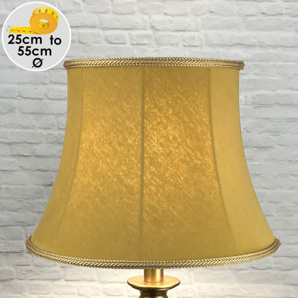 Vintage Old Gold Brushed Cotton Lampshade with a matching Old Gold Rope Braid, lit up. Suitable for all Table, Floor and Standard Lamps