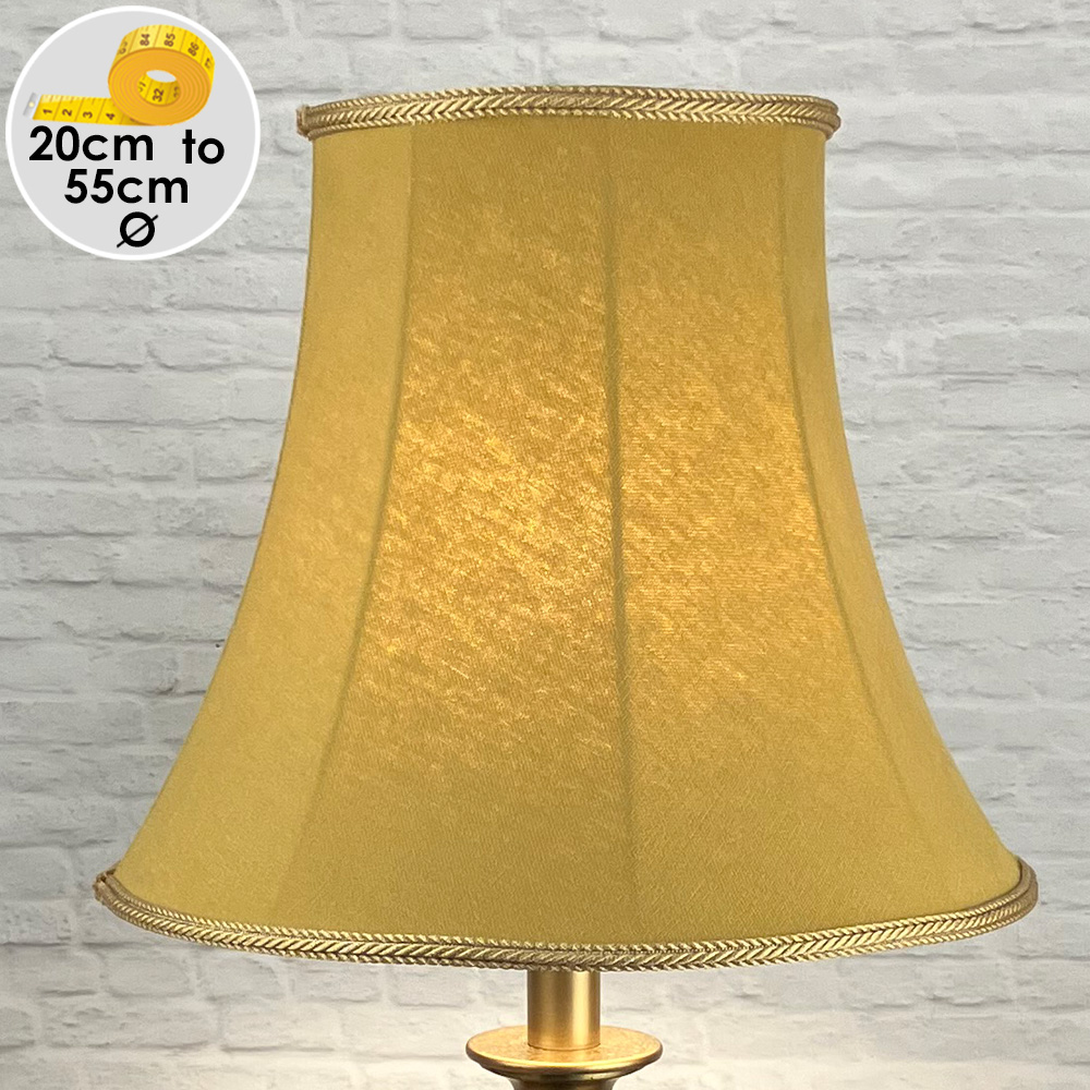 Traditional Old Gold Brushed Cotton Bowed Empire Lampshade with a matching old gold rope trim for all Table, Floor and Standard Lamps, switched on