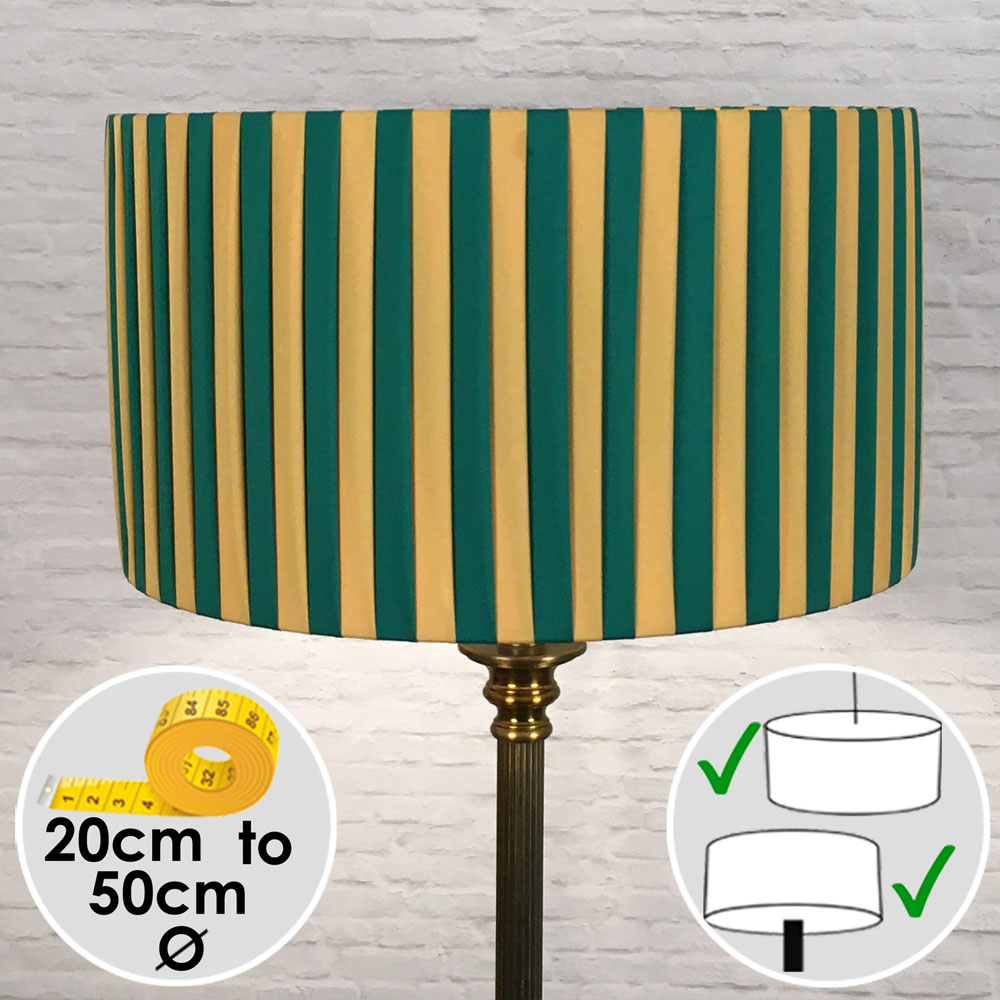 Pleated Drum Lampshade in Gold and Green Striped Ribbon. Switched On