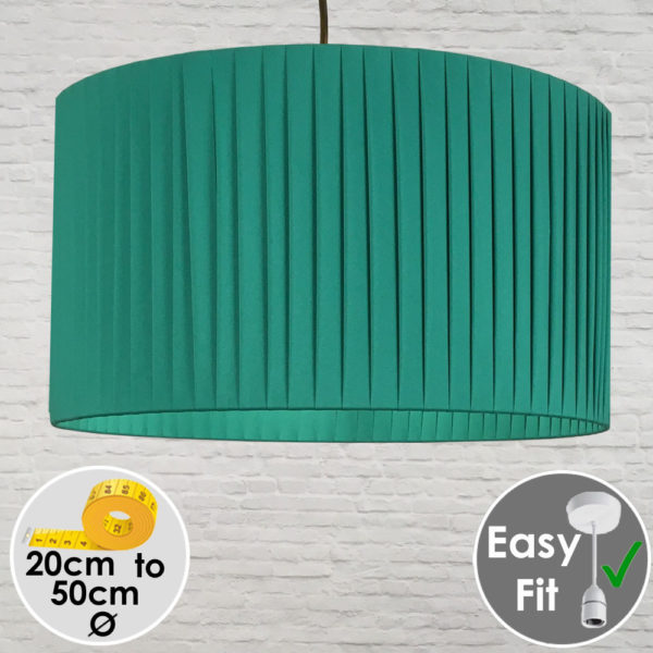 Pleated Drum Pendant lightshade in Green Ribbon. Switched On