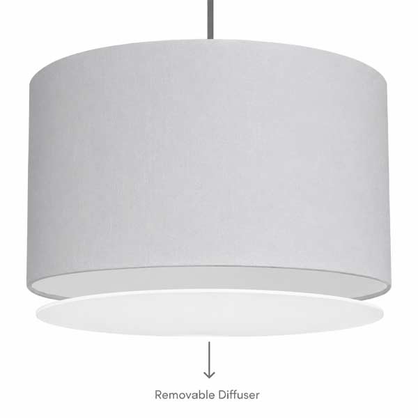 Grey drum pendant lampshade with removable white diffuser