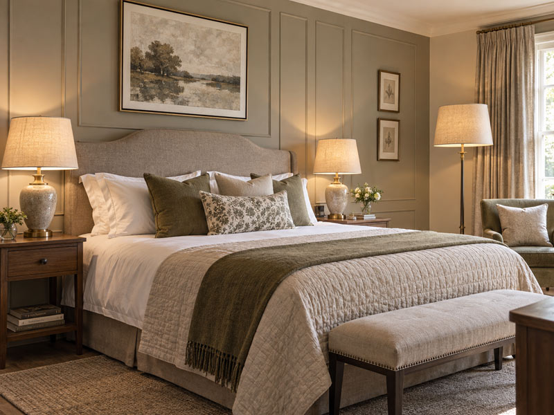 Hotel-Bedroom A classic hotel bedroom with two bedside table lampshades and matching floor lamp