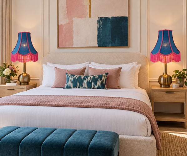 Hotel-room2 A modern bedroom setting with vibrant blue hessian bedside lamps paired with hot pink fringe