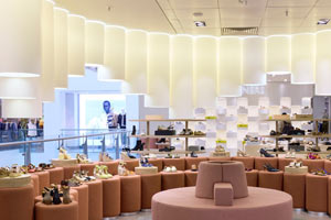John Lewis Wholesale Pendant Lamp Shades White cylinder pendant lamp shades above seating and displays in a John Lewis shoe department.