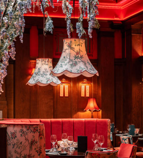 Kibou1 A trade lampshade project for Kibou restaurants shows decorative scallop lampshades in one of their Asian restaurants.