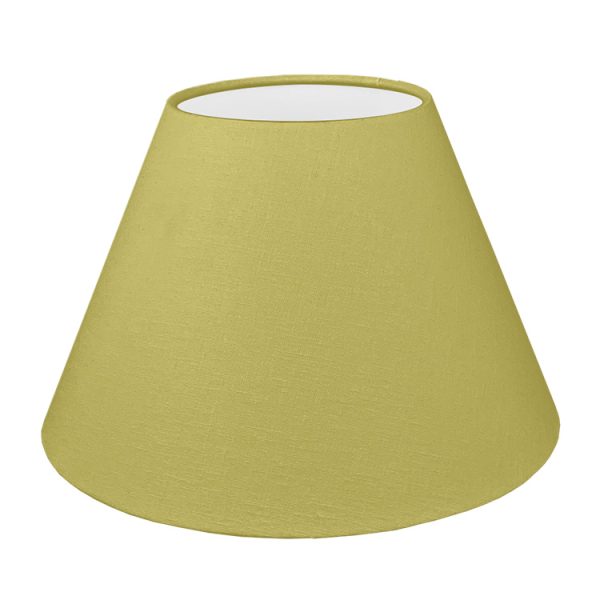 Our modern kiwi green empire lampshade shown with a standard white PVC lining